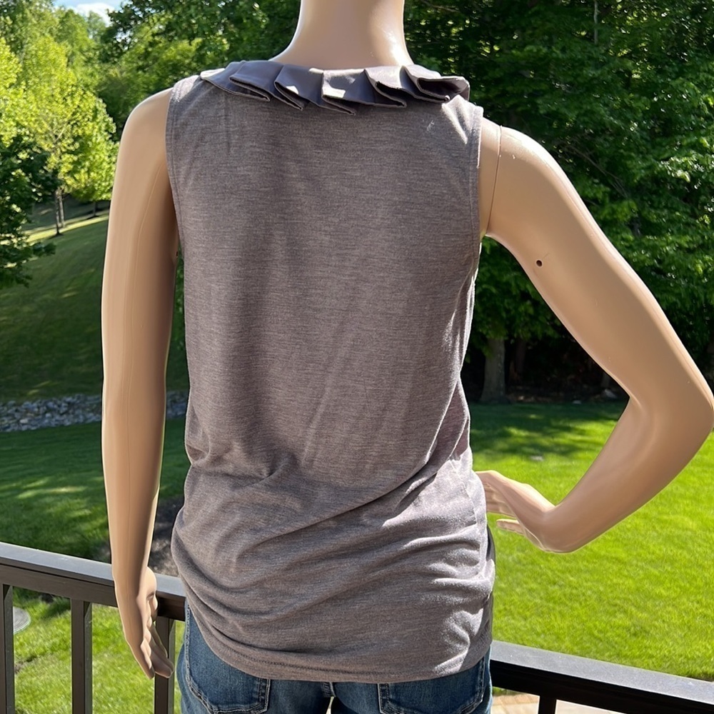 New York & Co heather gray sleeveless top with pleated satin collar and tie - Picture 3 of 6